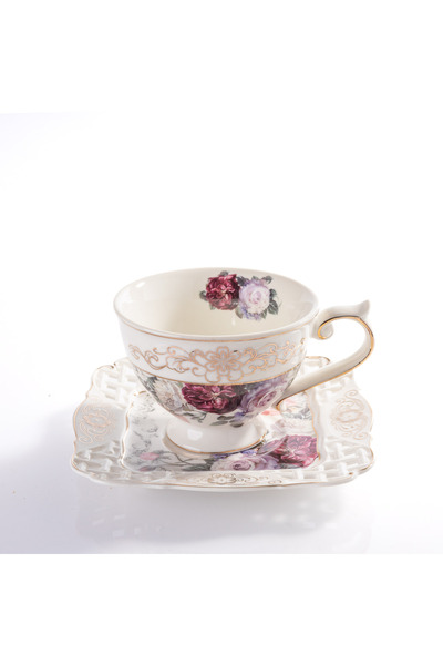 Malooki Set of 6 Cups 'Rhapsody of Roses' – Cut-out Square Saucers – 180 ml