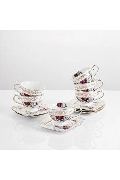 Malooki Set of 6 Cups 'Rhapsody of Roses' – Cut-out Square Saucers – 180 ml