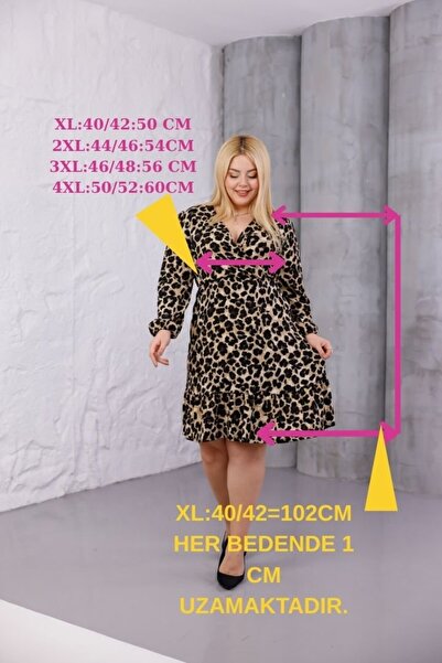 Truva XXL Plus Size Wrinkled Fabric Double-Breasted Collar Leopard Print Knee Length Dress