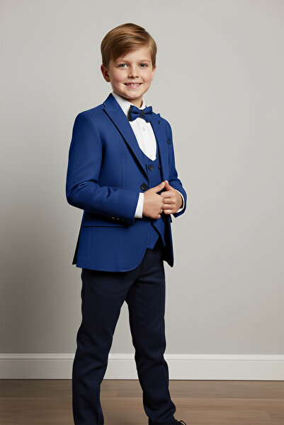 Merdia Kids Boy's Suit (Handkerchief Detailed Jacket, Vest, Bow Tie, White Shirt and Pants)