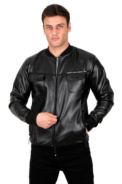 DeepSEA معطف جامعي من الجلد الصناعي بتفاصيل سحاب وجيوب للرجال باللون الأسود 23020660