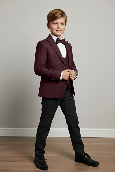 Merdia Kids Boy's Suit (Handkerchief Detailed Jacket, Vest, Bow Tie, White Shirt and Trousers) Zargos