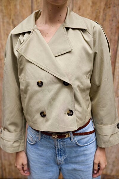 STYLENEST Short Sage Green Women's Trench Coat - Double Breasted, Stylish and Modern Fit Jacket