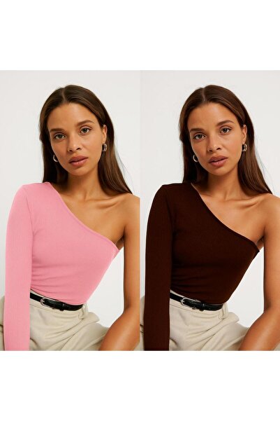 ÖZ PAMUK 2Pcs One Shoulder Open Long Sleeve Blouse