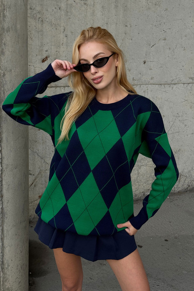 bacc Green Crew Neck Diamond Pattern Knitwear Sweater Bcvl-253027