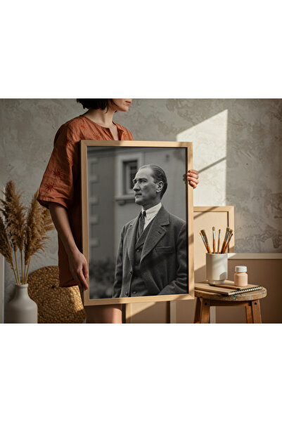 Creatick Design Atatürk Siyah Beyaz Tablo | Ahşap Çerçeveli Klasik Portre Duv...