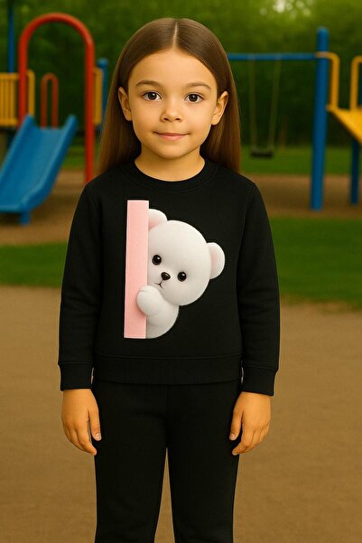 playwear طقم سويت شيرت رياضي وردي اللون بنمط دب مخفي مباشرةً للأعمار 3-4-5-6-...