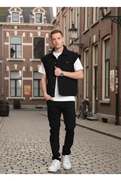 Lyvens Men's Comfortable Fit Denim Jeans Vest Black