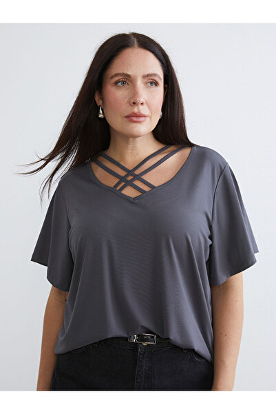 LC Waikiki Soulife Gray Plus Size V-Neck Women's T-Shirt
