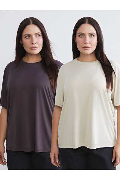 LC Waikiki Soulife Kahverengi Büyük Beden Bisiklet Yaka Kadın Tişört 2'li