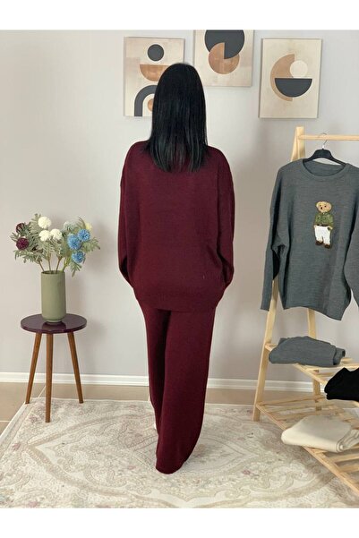 YusGos Women's Long Sleeve Bow Embroidered Crew Neck Knitwear Sweater Pants Set