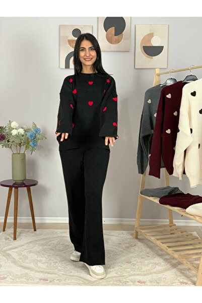 YusGos Women's Long Sleeve Heart Pattern Crew Neck Knitwear Sweater Pants Set