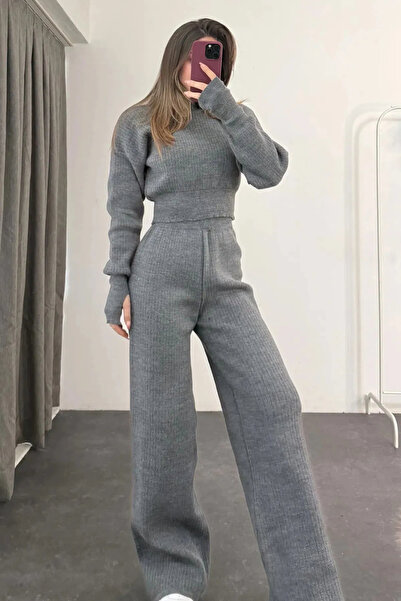 Cherry Butik Set de tricotaje pentru femei, pulover crop cu îmbrăcăminte exterioară, pantaloni