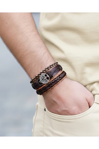 E&F Takı 3-Piece Genuine Leather Bracelet with Tree of Life Figure Genuine Le...