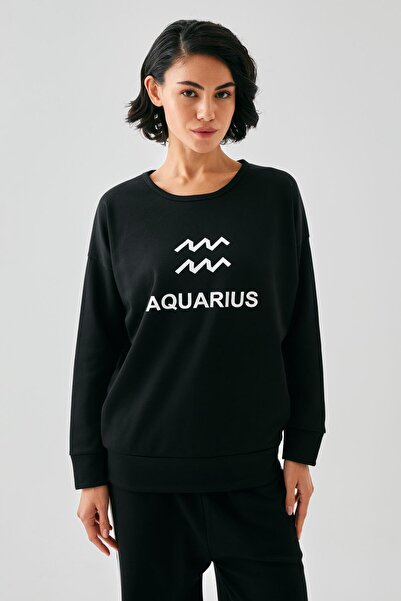 Akbeniz Γυναικείο Σετ Ενδυμάτων Σπίτι με Φούτερ με oversized Κλωστές Μαύρο Κάδος Ζώδιο Ταραχής