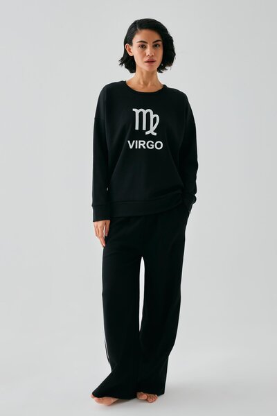 Akbeniz Γυναικείο Σετ Ενδυμάτων Σπίτι με Φούτερ Μαύρο Αιγόκερως oversized 2 Νήματα