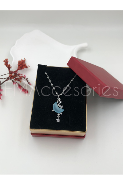 fmaccesories قلادة نسائية من الفولاذ المقاوم للصدأ لون فضي مع حجر القمر الأزر...