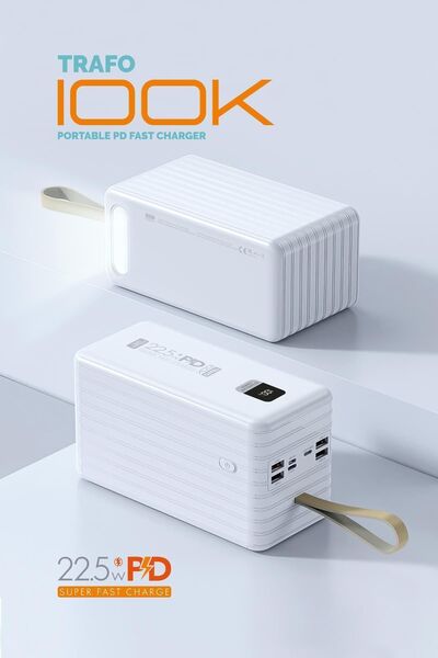 peakaks 120.000 Mah PD 22.5W Hızlı Şarj Dahili Kablolu Gerçek 120.000 Mah Siyah Powerbank Trafo Siyah