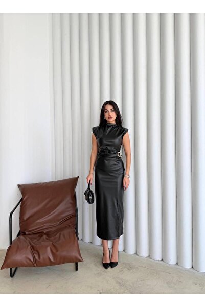 maf collection Rochie midi din piele neagră pentru femei, cu mâneci scurte, c...