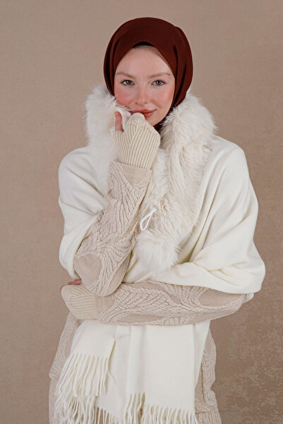 HERCHES Fur Collar Wool Poncho - White