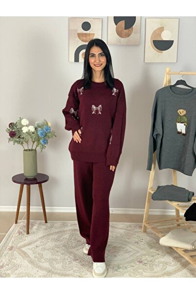 YusGos Women's Long Sleeve Bow Embroidered Crew Neck Knitwear Sweater Pants Set