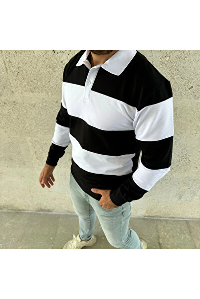 JANES Men's Polo Neck Long Sleeve Striped Sweatshirt Trend Rugby Style - Black
