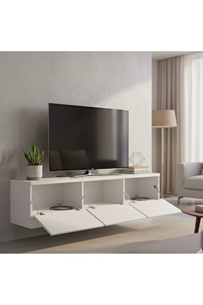AR-GE PLUS AHŞAP MOBİLYA MODERN Duvar Tipi TV Ünitesi Beyaz 180 cm Kapaklı Pi...