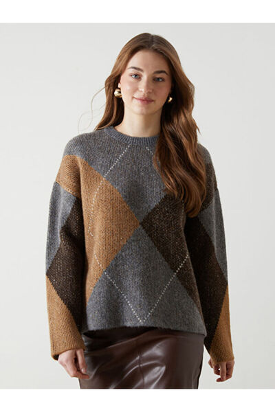 LC Waikiki Crew Neck Diamond Pattern Oversize Women's Knitwear Sweater