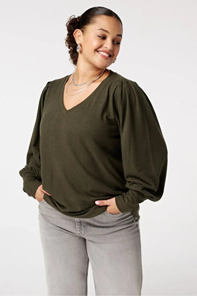 FOR ESRA BIG TREND Women's Plus Size V-Neck Shoulder Gathered Sleeve Wide Cuff Soft Textured Long Sleeve Stretchy Blouse