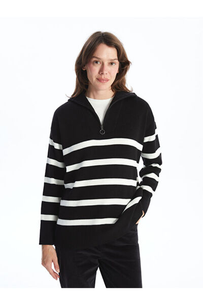LC Waikiki High Collar Striped Oversize Women's Knitwear Sweater