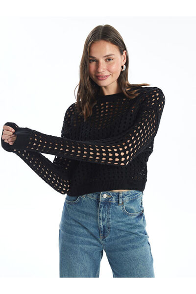 LC Waikiki طاقم الرقبة مخرمة طويلة الأكمام سترة تريكو المرأة