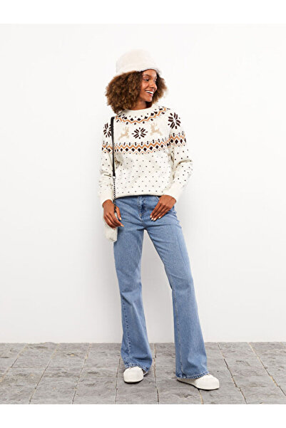 LC Waikiki طاقم الرقبة منقوشة طويلة الأكمام سترة تريكو المرأة