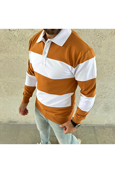 JANES Men's Polo Neck Long Sleeve Striped Sweatshirt Trend Rugby Style - Orange