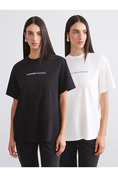 LC Waikiki Black Printed Oversize Cotton Women's T-Shirt, Pack of 2