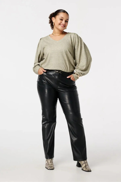 FOR ESRA BIG TREND Women's Plus Size V-Neck Shoulder Gathered Sleeve Wide Cuff Soft Textured Long Sleeve Stretchy Blouse