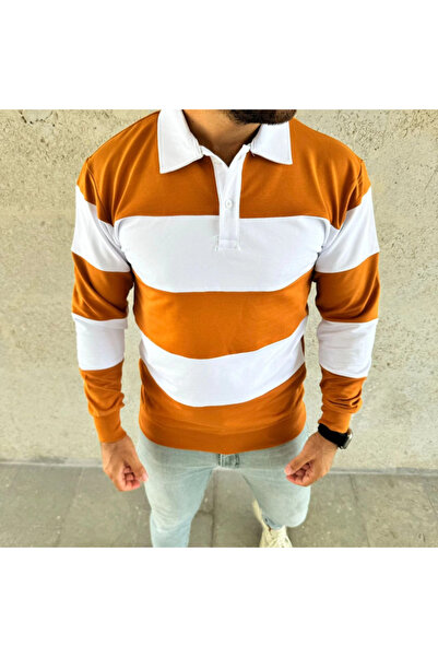 JANES Men's Polo Neck Long Sleeve Striped Sweatshirt Trend Rugby Style - Orange