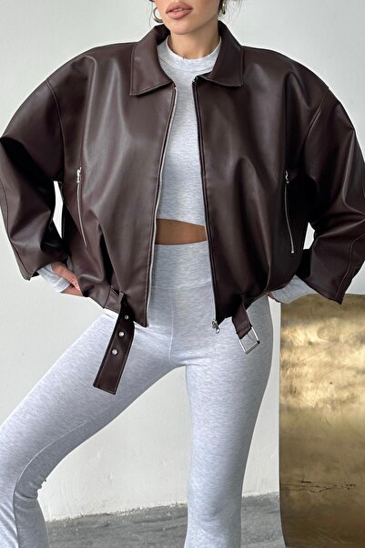 Jaglion Luvren Trend Oversized Short Belted Leather Jacket