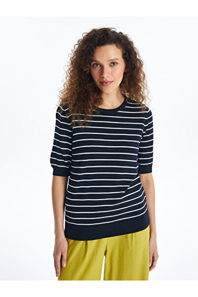 LC Waikiki طاقم الرقبة مخطط سترة تريكو قصيرة الأكمام المرأة