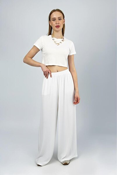 Betimoda Women's Modal High Waist Pocketed Elastic Waist Wide Leg Pants White