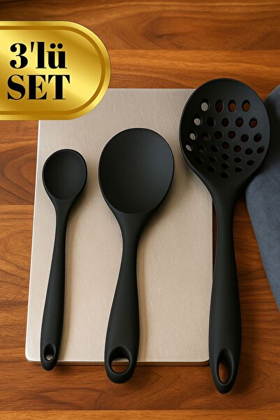 TARIK HOME 3’lü Silikon Kaşık Seti – Ergonomik Saplı Delikli Kepçe Pilav ve K...