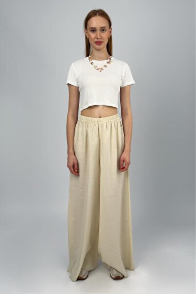 Betimoda Women's Modal High Waist Pocketed Elastic Waist Wide Leg Pants Beige