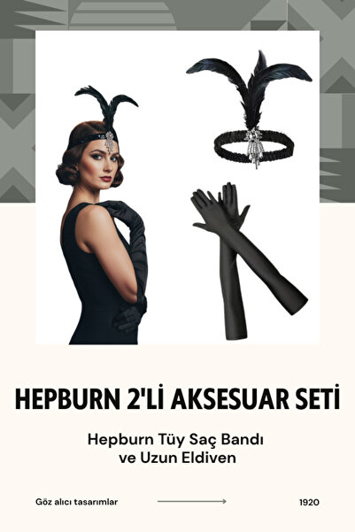 shop 1920'ler Gatsby Hepburn Tarzı 2'li Aksesuar Seti- Tüy Saç Bandı ve Uzun ...