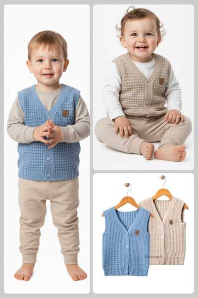 Mamman's 2-Piece Knitted Sweater Vest, Buttoned Baby Boy-Winter Vest Set