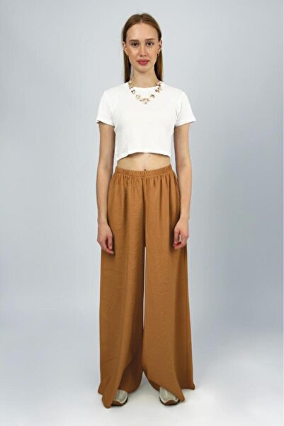 Betimoda Women's Modal High Waist Pocketed Elastic Waist Wide Leg Pants Brown