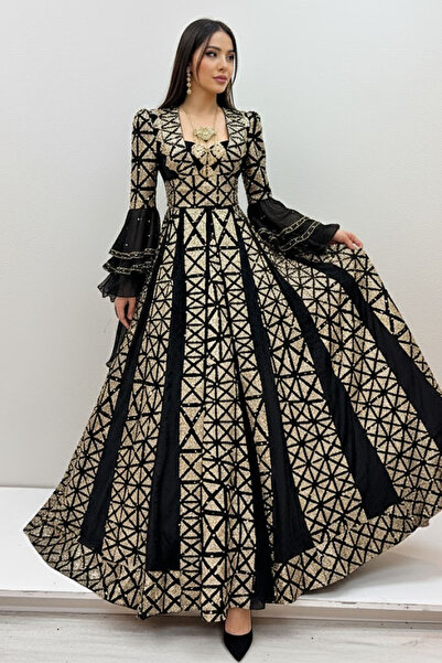 ZK ZÜMRÜT KAFTAN Siyah Gold İşlemeli Bindallı Kaftan Kına Gecesi & Gelin Elbisesi Seti - Taç, Kemer, Kolye Dahil