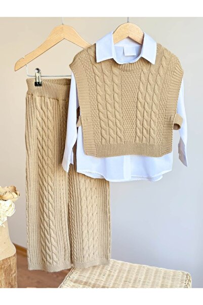 Pinkitokids Brown Lady Sarmal Stripe Detailed Real Shirt 3-Piece Knitwear Girl's Set