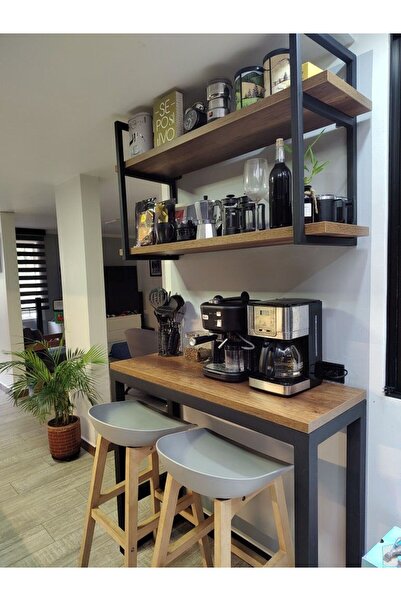 MODERN LİFEE 2 ÖZEL RAF + 60 X 120 DOĞAL AHŞAP MASA KAHVE/YEMEK KÖŞESİ SET