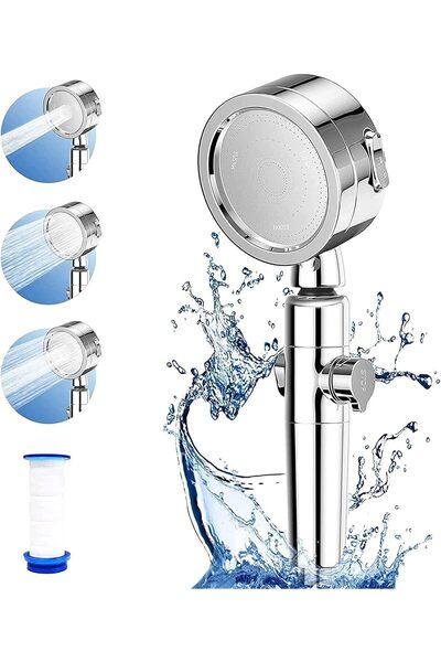 SULFAR Portable High-Pressure Handheld Shower Filter, 3 Modes, One-Touch Save, Silver