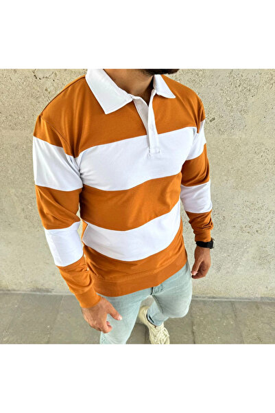 Genel satış Men's Polo Neck Long Sleeve Striped Sweatshirt Trend Rugby Style - Orange