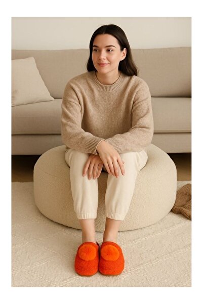 Motif Trend Women's House Slippers Orange Pompom Plush House Slippers